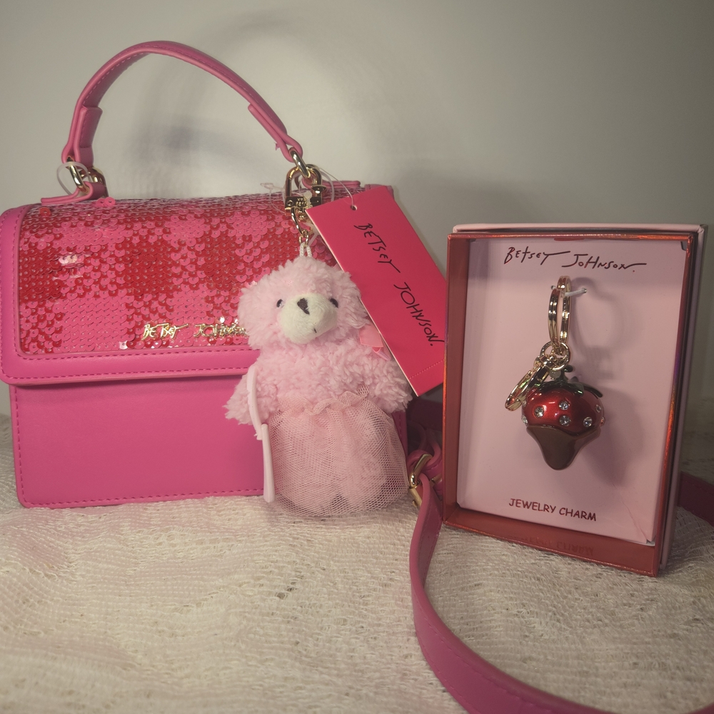 NWT 🍓 Betsey Johnson Pink Sequin Top-Handle Crossbody with Charms